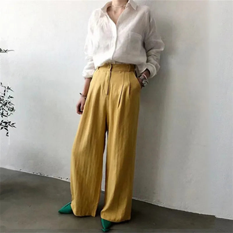 Anna-Berg | Natural Relaxed Fit Open Collar Linen Shirt