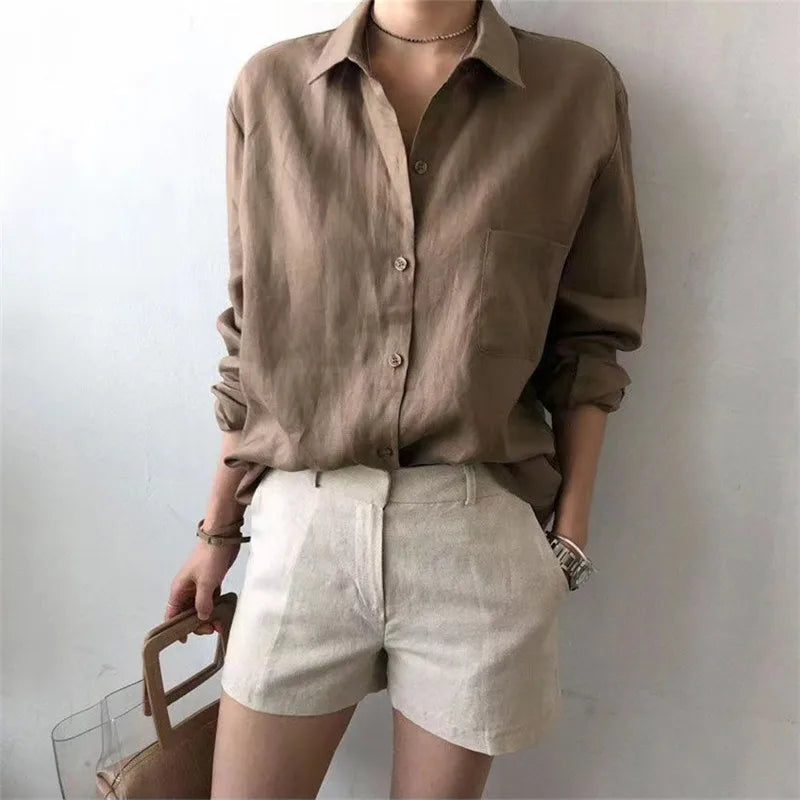 Anna-Berg | Natural Relaxed Fit Open Collar Linen Shirt