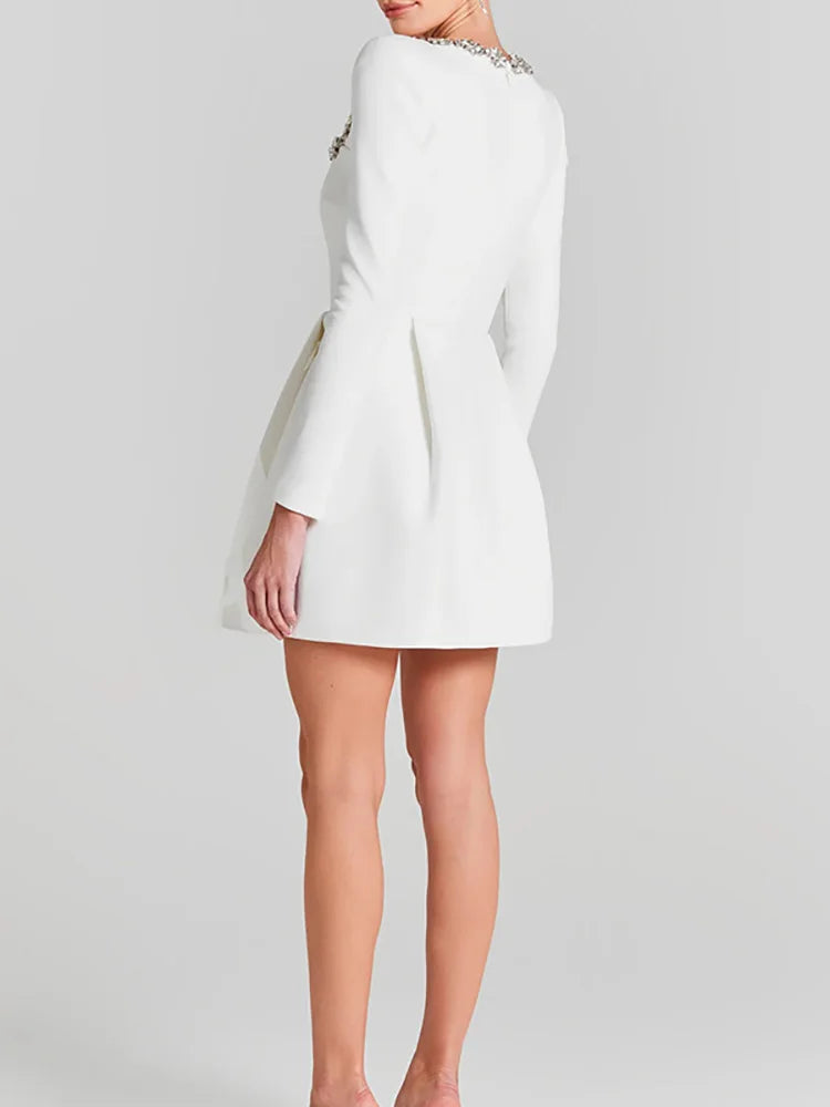 Anna-Berg | Mini Dress, Long Sleeve, White, Jewel Trim