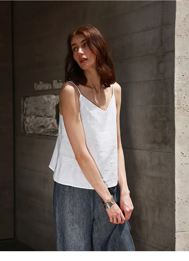 Anna-Berg | Natural Relaxed-Fit V-Neck Linen Camisole Top