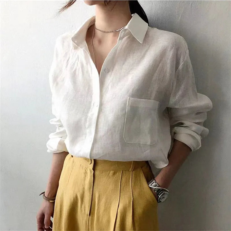 Anna-Berg | Natural Relaxed Fit Open Collar Linen Shirt