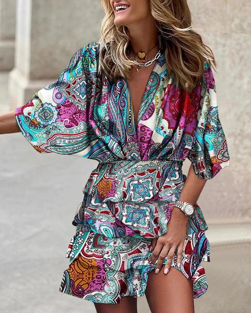 Anna-Berg | Boho Printed Ruffle Mini Dress in a Flattering Cut
