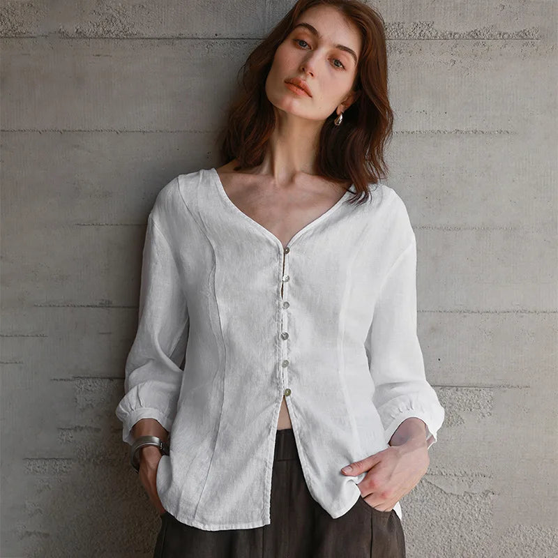 Anna-Berg | Fitted V-Neck Linen Blouse