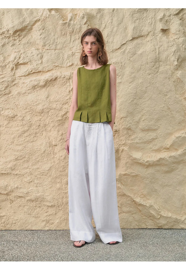 Anna-Berg | Sand Pleated Wide-Leg Linen Pant