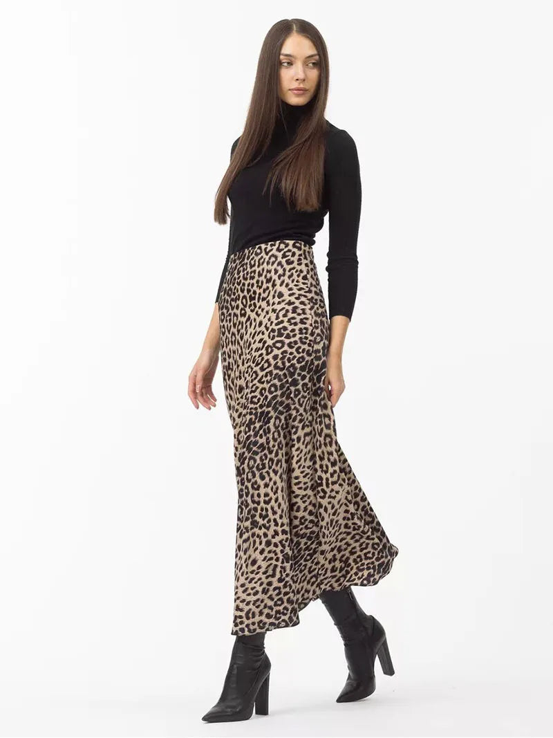 Anna-Berg | Brown Leopard-Print Satin Midi Skirt