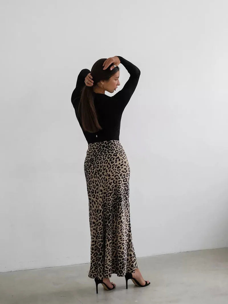 Anna-Berg | Brown Leopard-Print Satin Midi Skirt