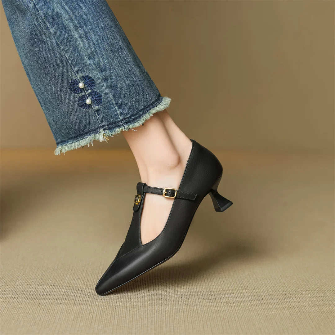 Anna-Berg | Black Pointed Toe Leather Heels