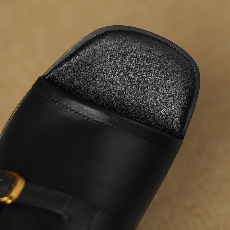Anna-Berg | Black Adjustable Buckle Leather Slide