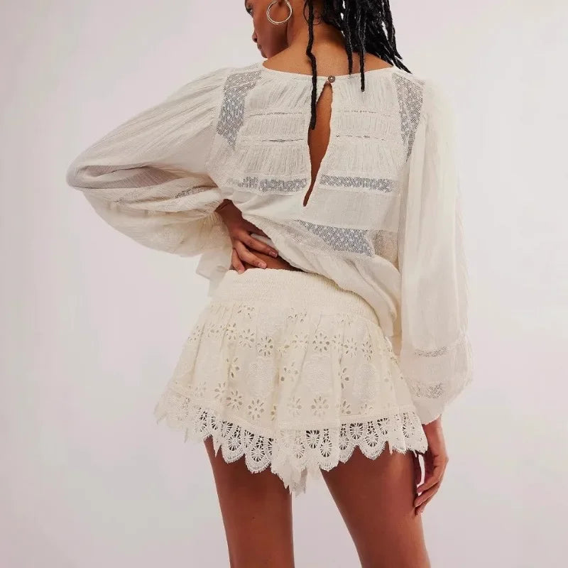 Anna-Berg | Ivory High-Waist Scalloped Lace Shorts