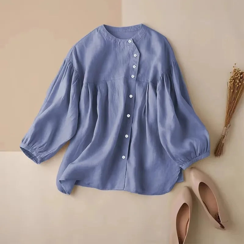 Anna-Berg | Ivory Gathered Lantern-Sleeve Cotton Blouse