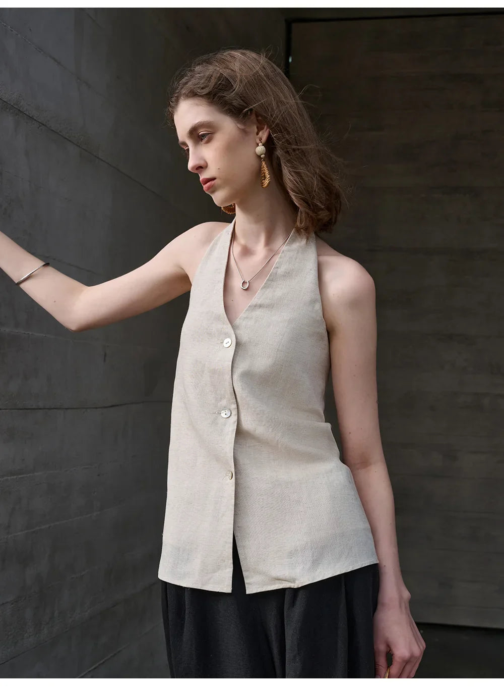 Anna-Berg | Natural Halter Linen Waistcoat Top