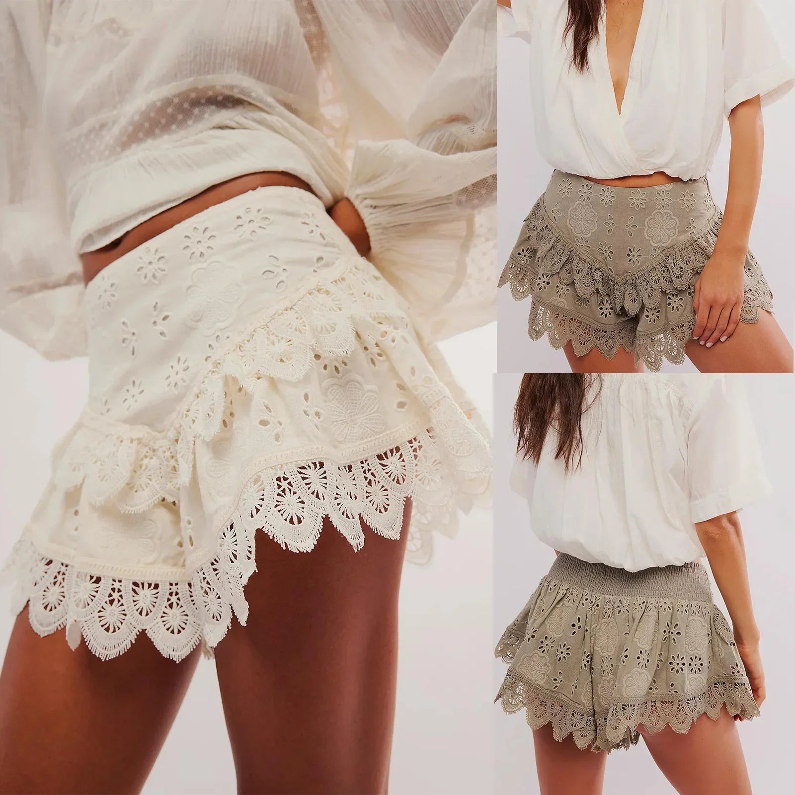 Anna-Berg | Ivory High-Waist Scalloped Lace Shorts
