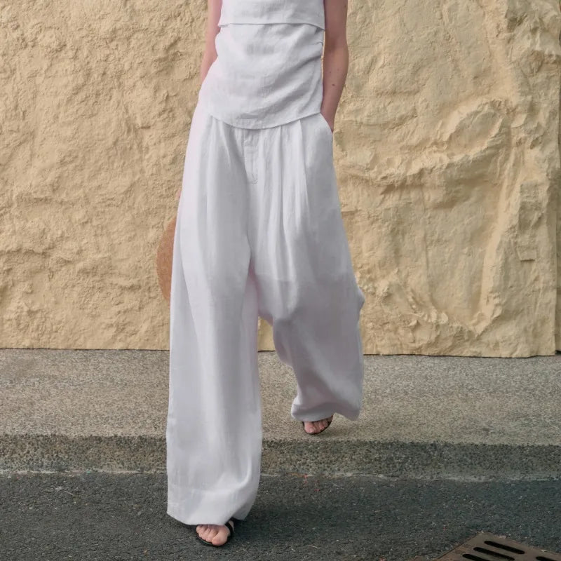 Anna-Berg | Sand Pleated Wide-Leg Linen Pant