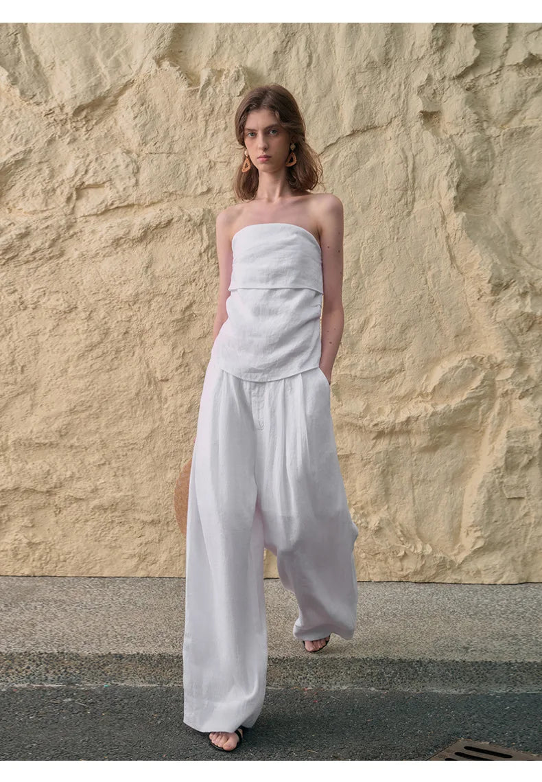 Anna-Berg | Sand Pleated Wide-Leg Linen Pant