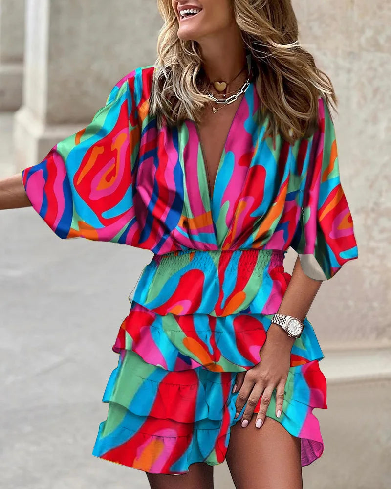 Anna-Berg | Boho Printed Ruffle Mini Dress in a Flattering Cut