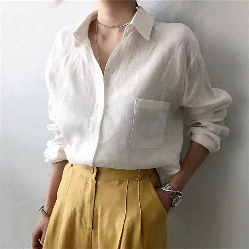 Anna-Berg | Natural Relaxed Fit Open Collar Linen Shirt