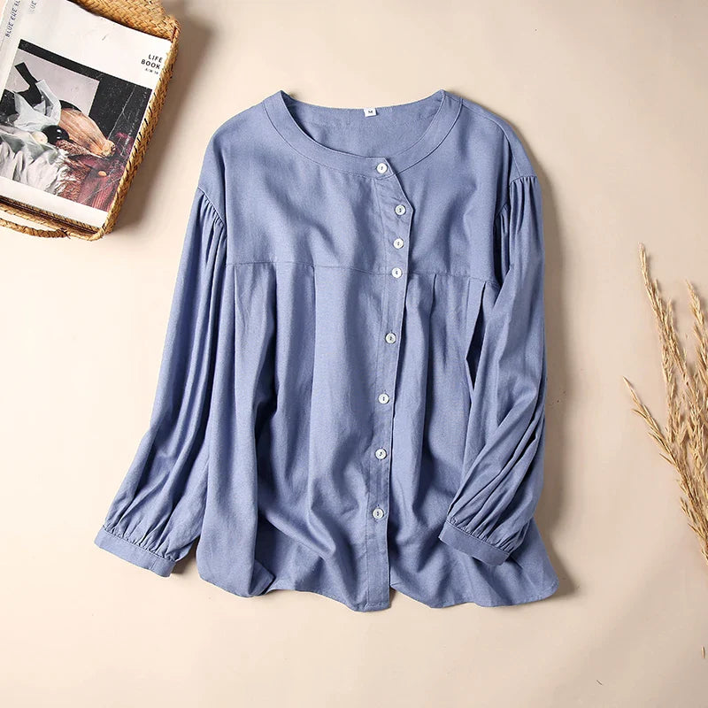 Anna-Berg | Ivory Gathered Lantern-Sleeve Cotton Blouse