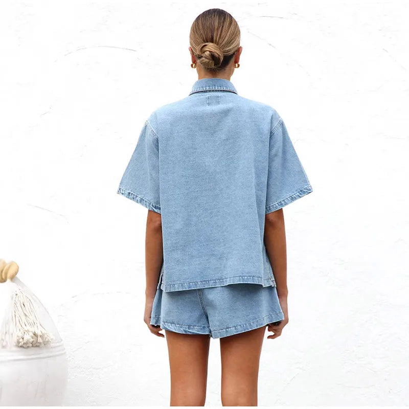 Anna-Berg | Blue Cropped Jacket High-Waist Jeans Denim 2-Piece Set