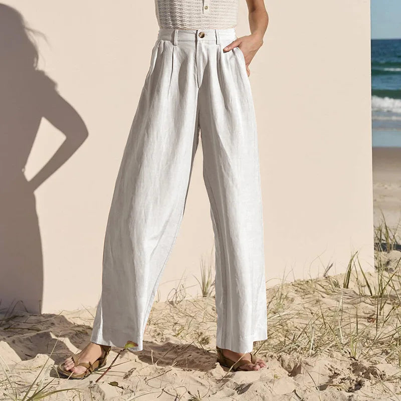 Anna-Berg | Natural High-Waist Wide-Leg Linen Trousers