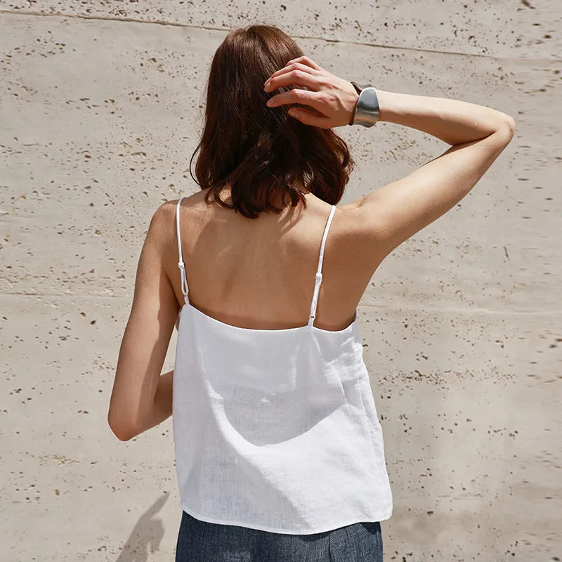 Anna-Berg | Natural Relaxed-Fit V-Neck Linen Camisole Top