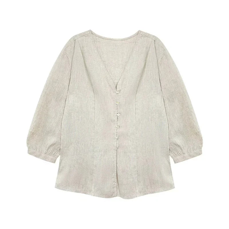 Anna-Berg | Fitted V-Neck Linen Blouse