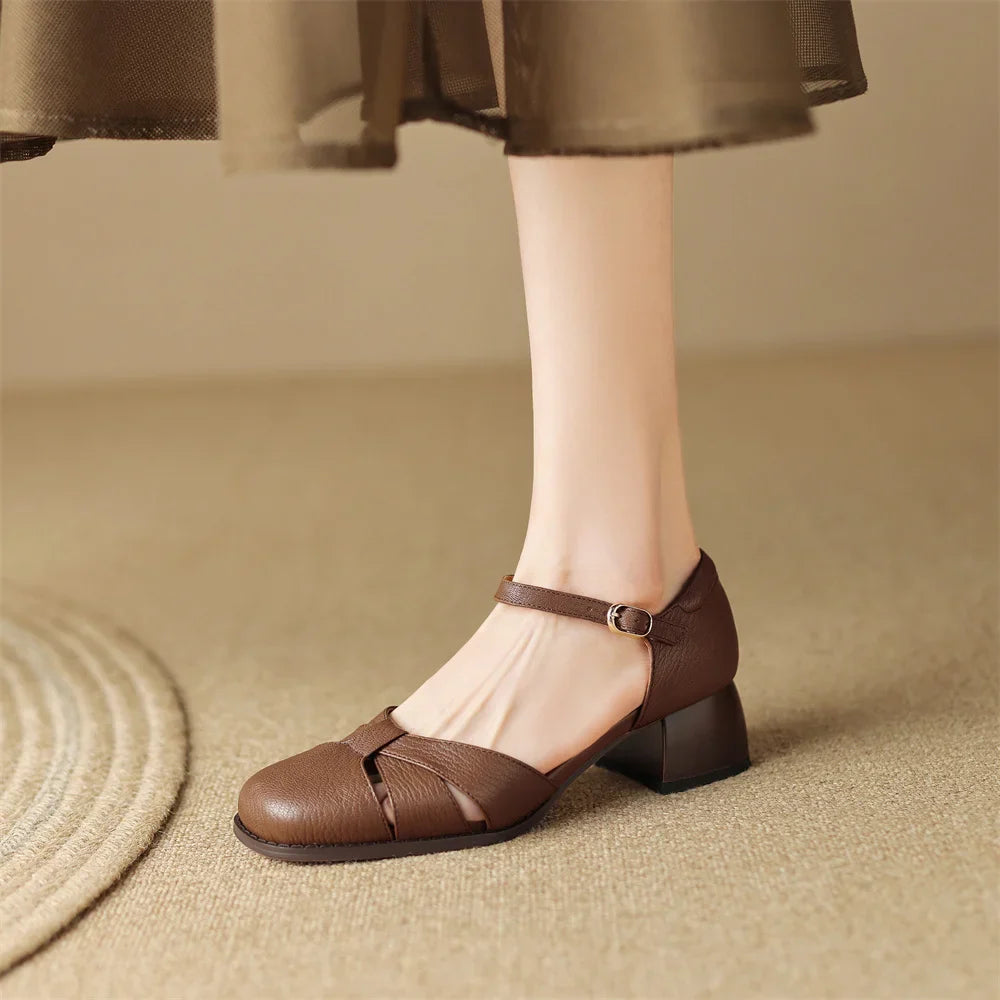 Anna-Berg | Black Braided Ankle-Strap Mid-Heel Leather Pumps