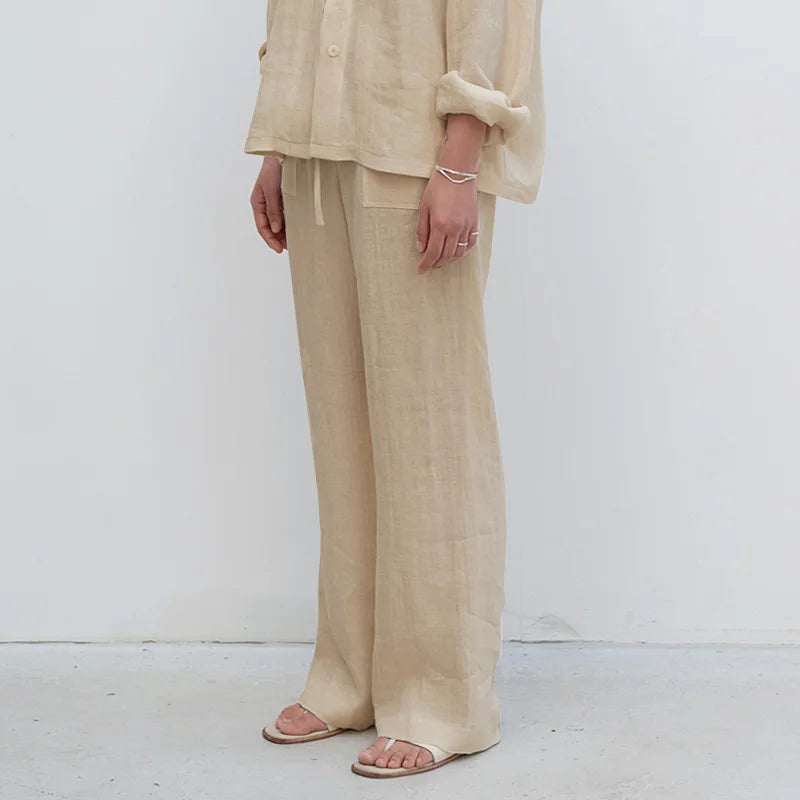 Anna-Berg | Sand Drawstring Straight-Leg Linen Pants