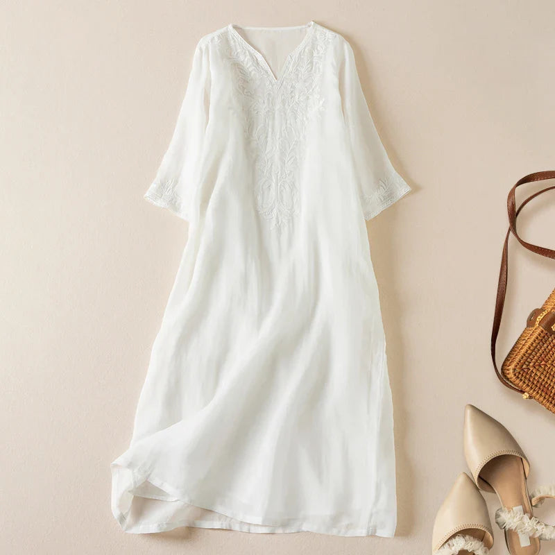 Anna-Berg | Ivory Floral-Embroidered Cotton Midi Dress