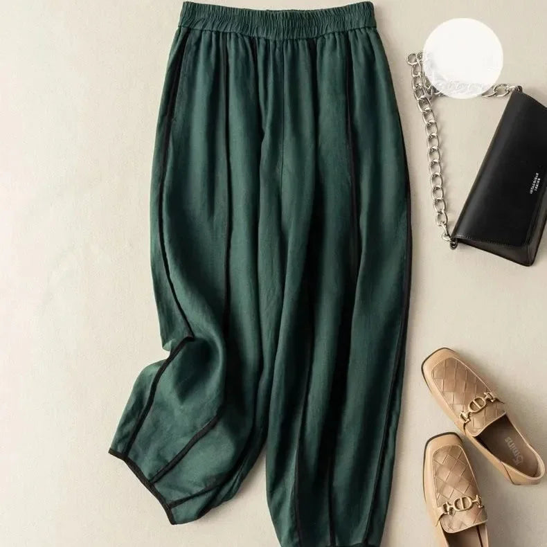Anna-Berg | Green Striped Wide-Leg Linen Pant