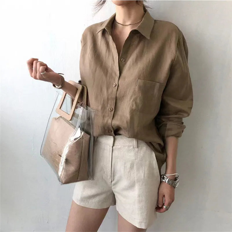 Anna-Berg | Natural Relaxed Fit Open Collar Linen Shirt