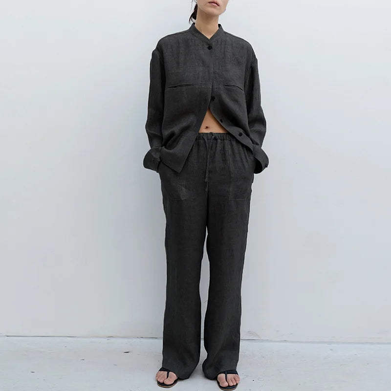 Anna-Berg | Sand Drawstring Straight-Leg Linen Pants