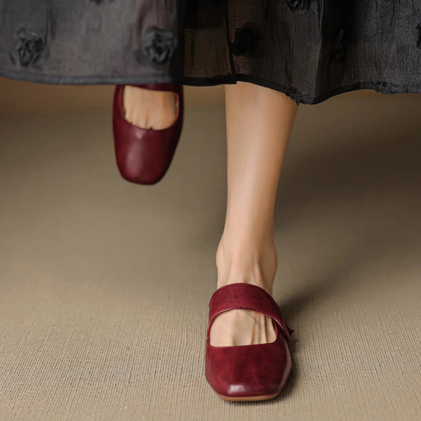 Anna-Berg | Black Square Toe Chunky Heel Leather Mules