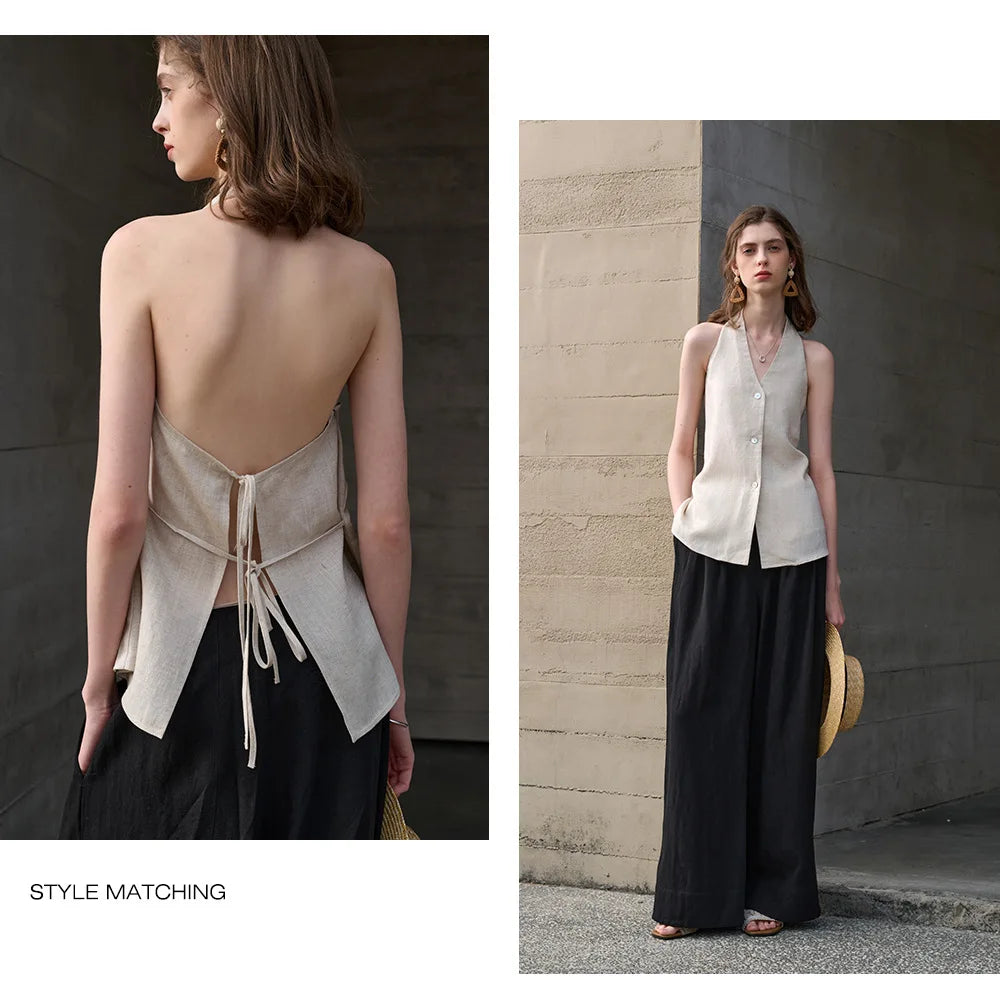 Anna-Berg | Natural Halter Linen Waistcoat Top