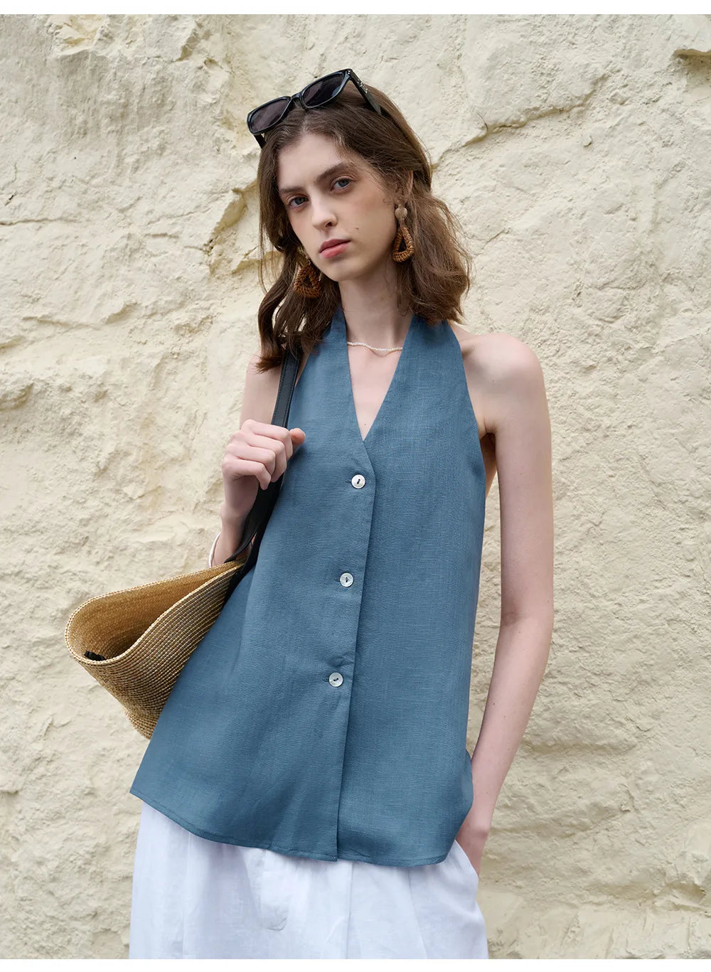 Anna-Berg | Natural Halter Linen Waistcoat Top