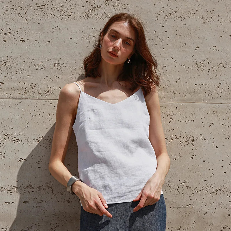 Anna-Berg | Natural Relaxed-Fit V-Neck Linen Camisole Top