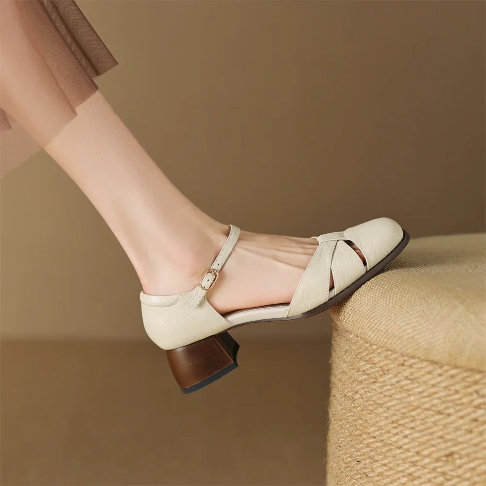 Anna-Berg | Black Braided Ankle-Strap Mid-Heel Leather Pumps