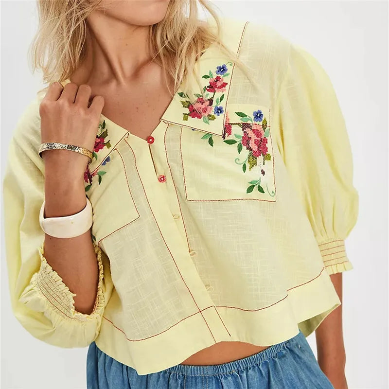 Anna-Berg | Floral Embroidered Cropped Blouse