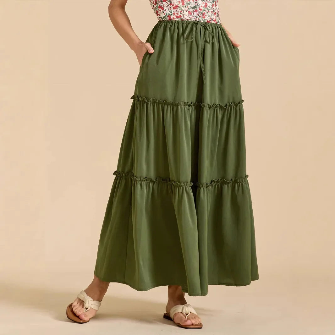 Anna-Berg | Sage Tiered Cotton Maxi Skirt