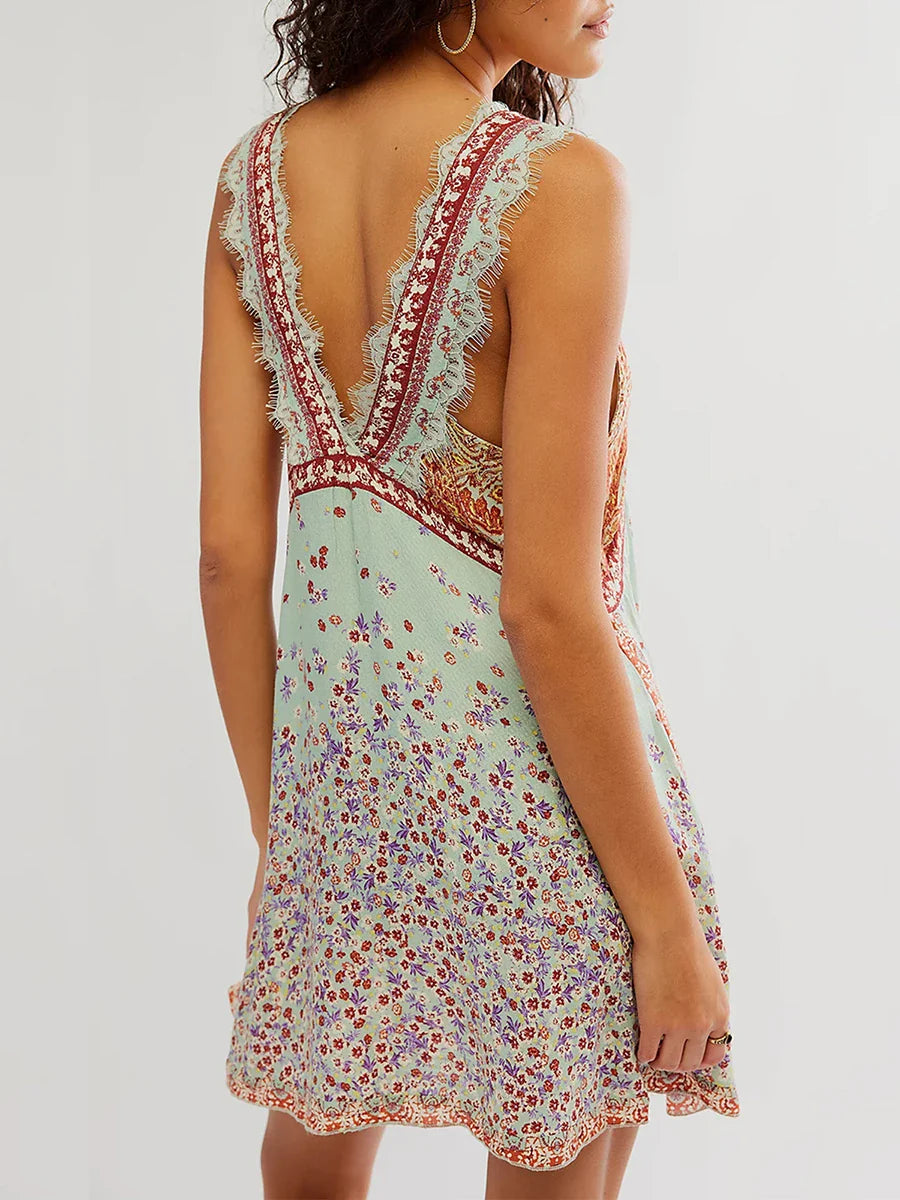 Anna-Berg | Floral Print Lace-Trim Mini Dress