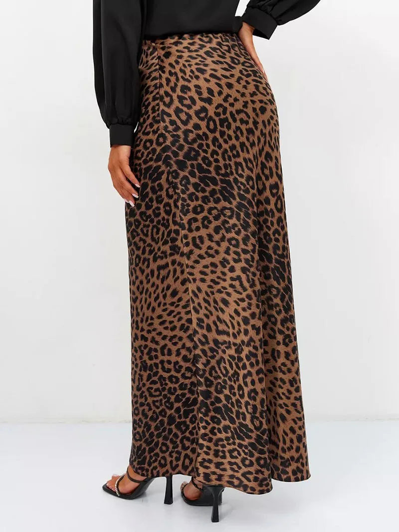 Anna-Berg | Brown Leopard-Print Satin Midi Skirt