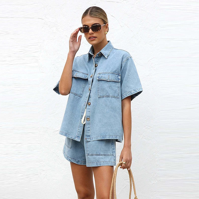 Anna-Berg | Blue Cropped Jacket High-Waist Jeans Denim 2-Piece Set