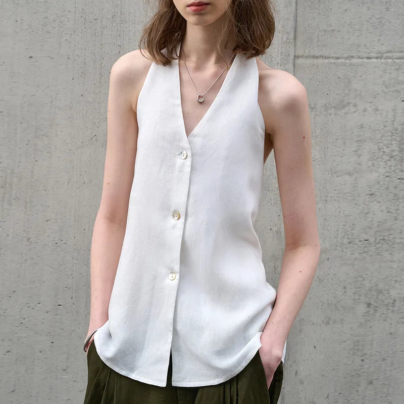 Anna-Berg | Natural Halter Linen Waistcoat Top