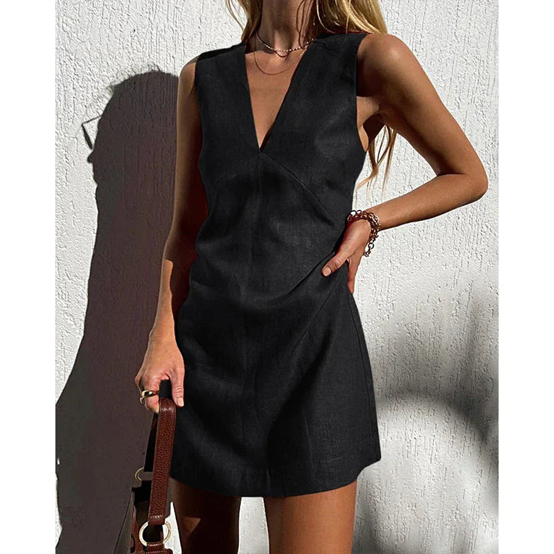 Anna-Berg | V-Neck Sleeveless Linen Mini Dress