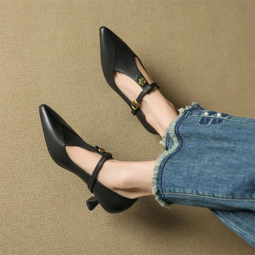 Anna-Berg | Black Pointed Toe Leather Heels