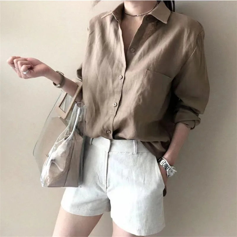 Anna-Berg | Natural Relaxed Fit Open Collar Linen Shirt