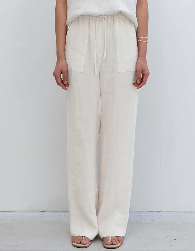 Anna-Berg | Sand Drawstring Straight-Leg Linen Pants