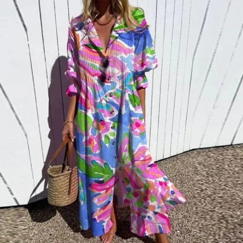 Anna-Berg | Boho Floral Long Sleeve Maxi Dress with Graceful Drape