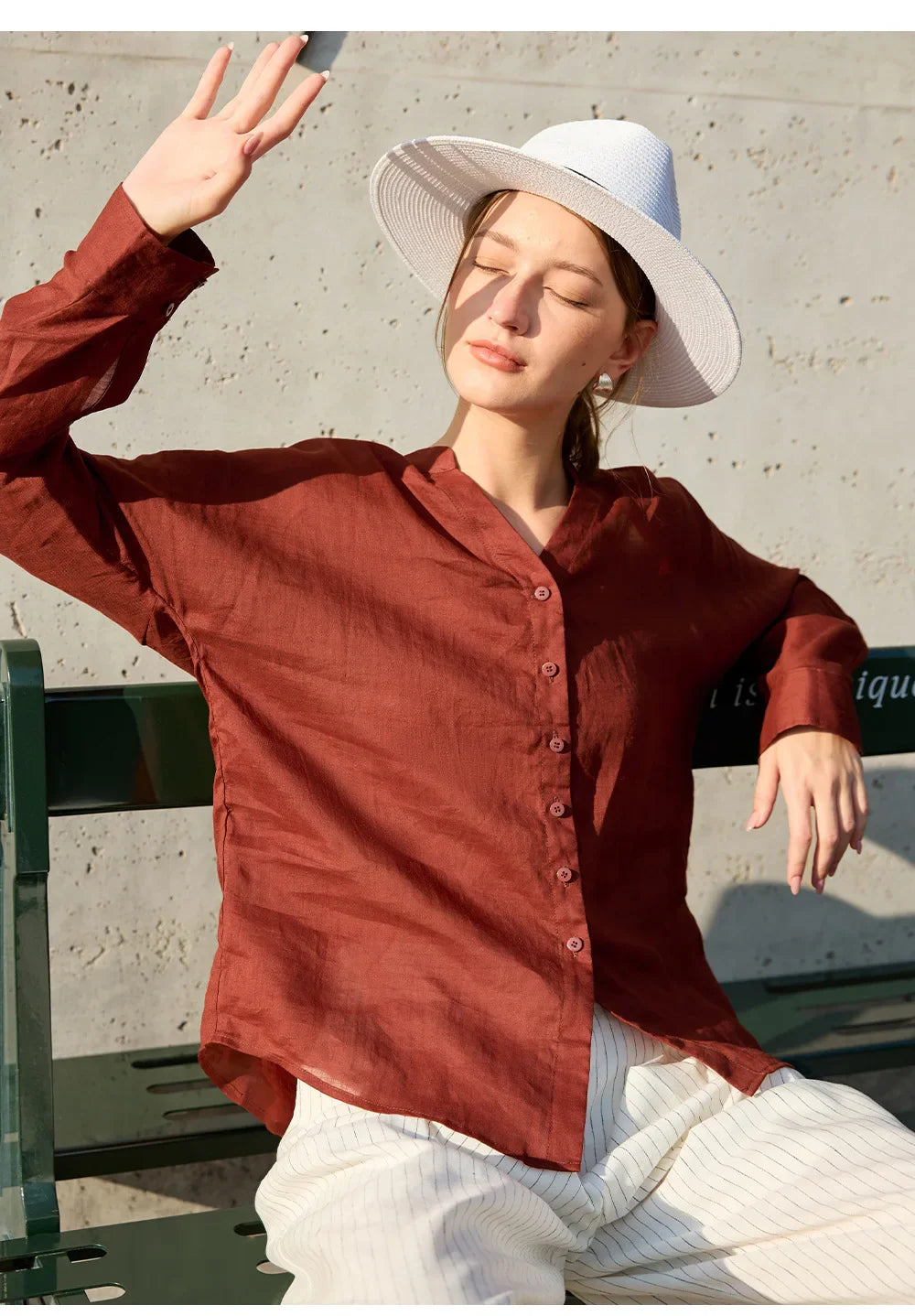 Anna-Berg | Collarless V-Neck Linen Shirt