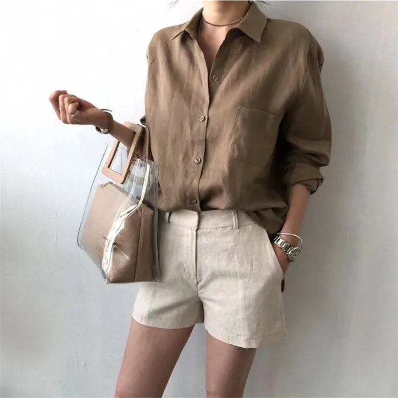 Anna-Berg | Natural Relaxed Fit Open Collar Linen Shirt