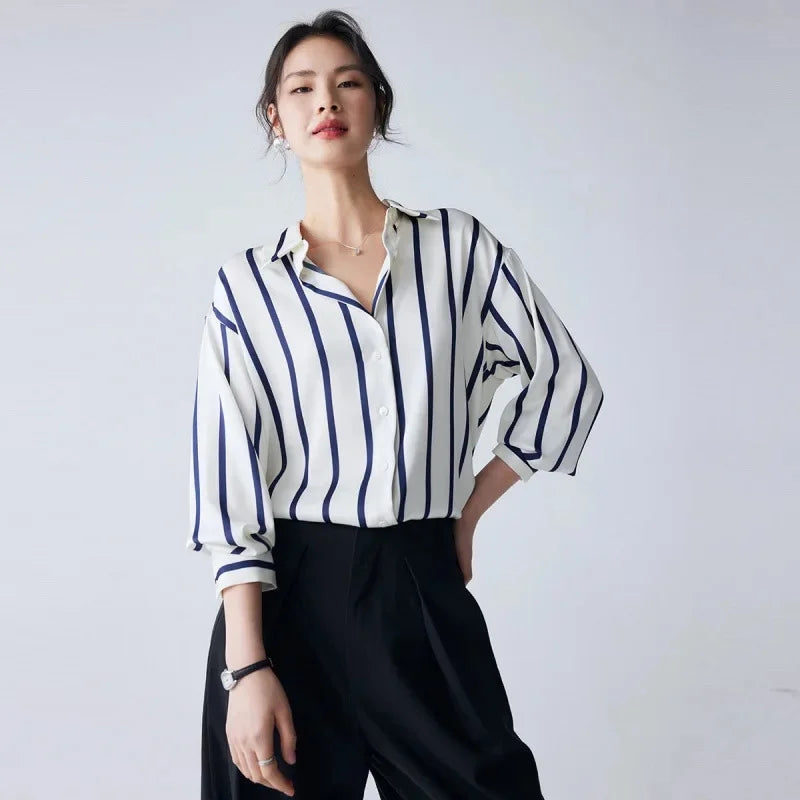 Anna-Berg | Ivory Striped Satin Blouse